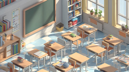 3d illustration of a school classroom interior with chairs and desks.の素材
