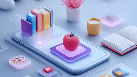 Smartphone with books and apple on the screen. 3d renderingの素材
