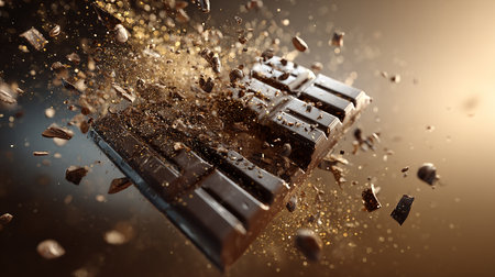 Abstract 3d rendering of broken chocolate bar explosion with flying particles.の素材