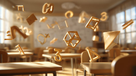 Falling letters in a classroom. 3d rendering, 3d illustration.の素材