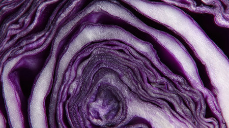 Purple cabbage cut in half close-up macro photography of vegetable backgroundの素材