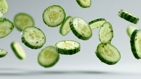 Cucumber slices flying in the air on a white background.の素材