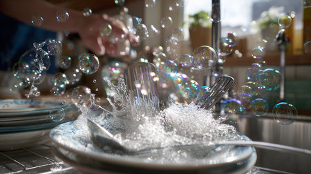 Washing the dishes with soap bubbles in the kitchen. Selective focus.の素材