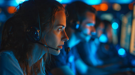 Portrait of female gamer with headset playing online video games at night clubの素材