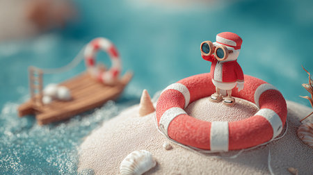 Miniature Santa Claus on the beach with sea lifebuoy.の素材