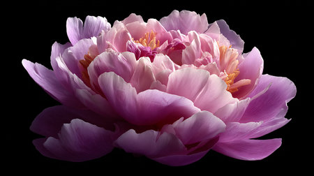 pink peony flower on black background, closeup of photoの素材