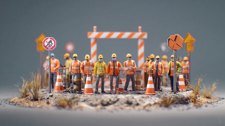 Miniature people construction workers with road sign. Image use for industrial concept.の素材