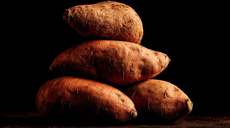 Sweet potatoes on black background, close up. Toned image.の素材