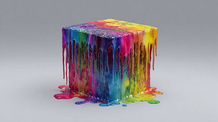 3d illustration of multicolored paint splashes on a cubeの素材