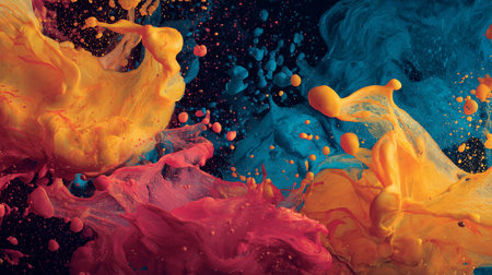 Colorful paint splashes isolated on black background. Abstract background.の素材