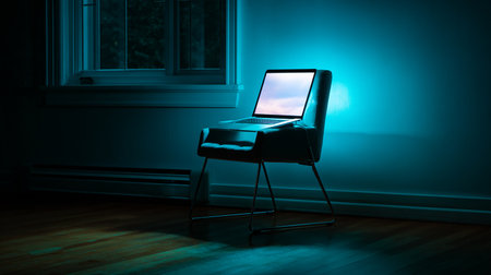 Laptop on a chair in a dark room. 3d renderingの素材