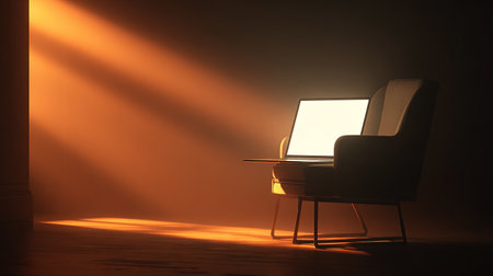 Laptop on a chair in a dark room illuminated by a beam of lightの素材