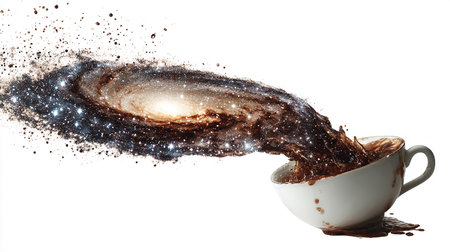 Cup of coffee with explosion effect on white background. Mixed mediaの素材