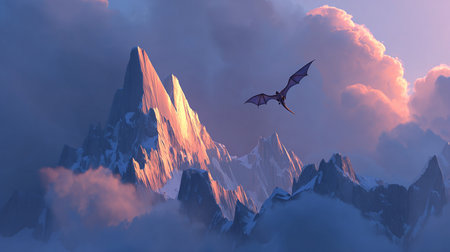 A flying bat flies over the mountains in the clouds. 3d renderingの素材