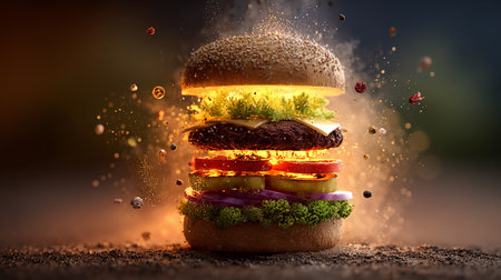 Big hamburger with flying ingredients on dark background. 3d renderingの素材