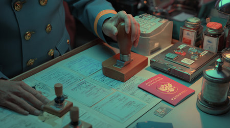 Vintage toned image of a man stamping passport and ticketの素材