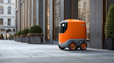 3d rendering of an orange electric scooter in a city streetの素材