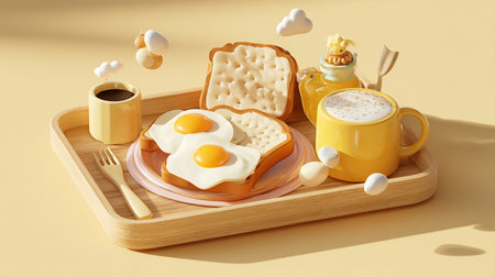 Breakfast with fried eggs, toast, coffee and bread on a wooden trayの素材