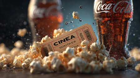 Cinema concept. Popcorn and Coca-Cola in glass bottlesの素材