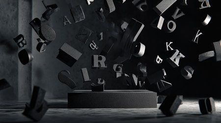3d rendering of a black pedestal surrounded by falling letters on a dark backgroundの素材