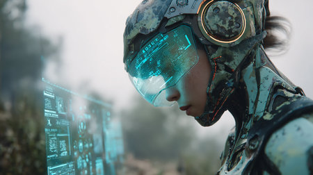 Side view of futuristic female soldier in military uniform looking at camera while standing outdoors. Futuristic conceptの素材