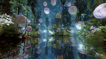 Fantasy landscape with fantasy trees and pond. 3D illustration.の素材