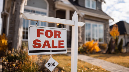 For sale real estate sign in front of a new house in autumnの素材