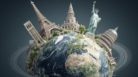 Famous monuments of the world grouped together on planet Earth 3D renderingの素材