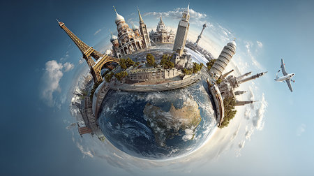 Famous landmarks of the world on planet Earth. 3d renderingの素材
