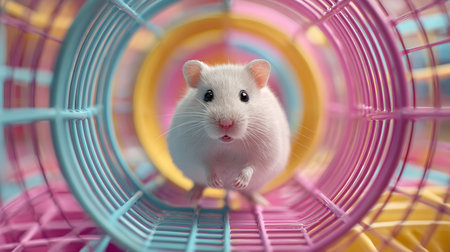 White hamster in a pink cage on a bright background. 3d renderingの素材
