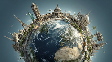 Famous monuments of the world grouped together in a spherical panoramaの素材