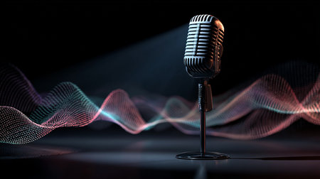 Retro microphone on a dark background. 3d rendering image.の素材