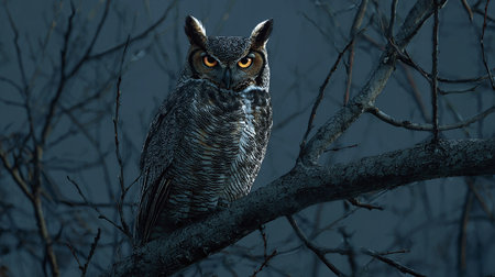 Great Horned Owl (Bubo virginianus) sitting on a branchの素材