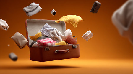 Open brown suitcase full of clothes flying in the air on orange backgroundの素材
