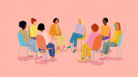 Group of people sitting on chairs and listening to lecture. Vector illustration.の素材