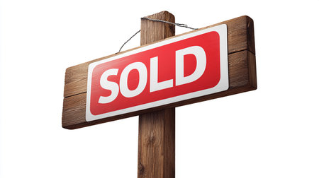 Sold sign on a wooden signboard isolated on white with clipping pathの素材