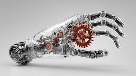 3d rendering robot hand with gear wheels on gray background with reflectionの素材