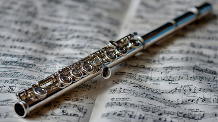 Flute on a sheet of music close-up. Selective focus.の素材