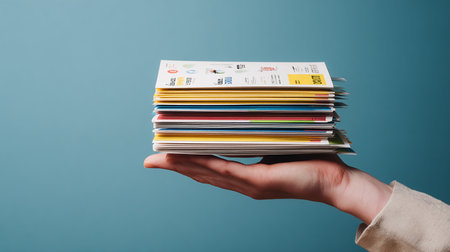 Stack of magazines in woman's hand on blue background, closeupの素材
