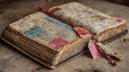 Old book with a bookmark on a wooden table. Vintage background.の素材