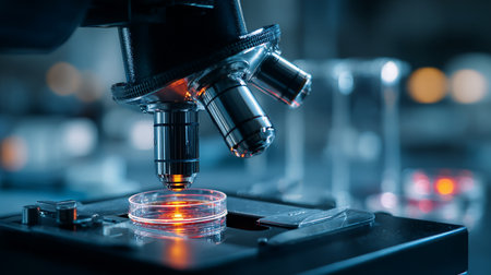 Microscope in the laboratory, science research and development concept background.の素材