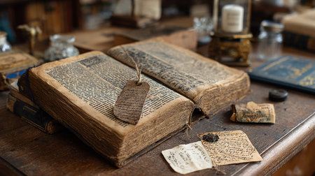 Old books on a wooden table in a library. Vintage style.の素材