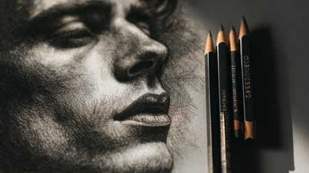 Close up of pencils on the face of a man. Black and white.の素材