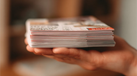 Close up of a hand holding a stack of magazines with shallow depth of fieldの素材