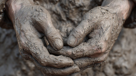 Close up of dirty hands of a man with mud in his handsの素材