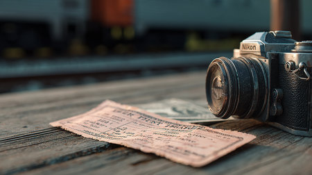 Old camera and banknote on the background of the train tracks.の素材