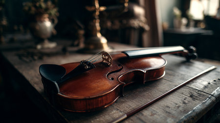 Old violin on a wooden table in the interior of the room.の素材