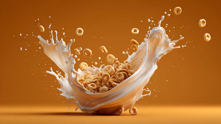 Milk splash with cornflakes on orange background. 3d renderingの素材