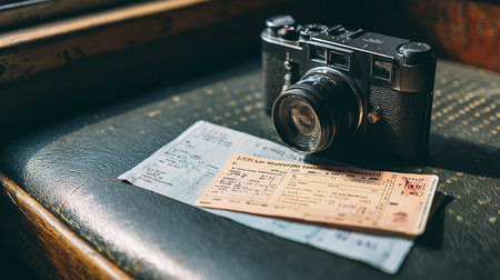 Vintage camera and ticket on the table. Travel and tourism conceptの素材