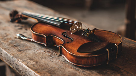 violin on a wooden table. vintage toning. selective focusの素材